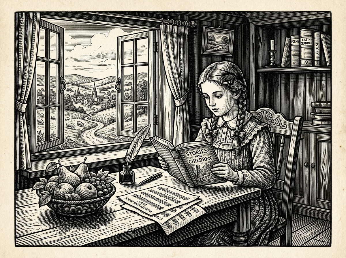 Mary reading, writing, singing