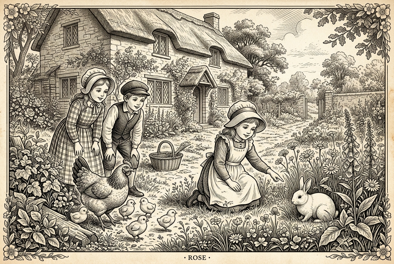 Rose with white rabbit and chicks