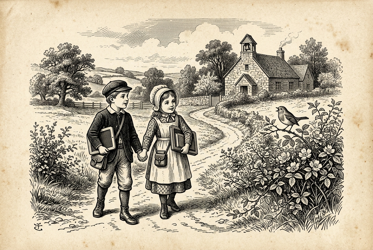 Children walking to school observing nature