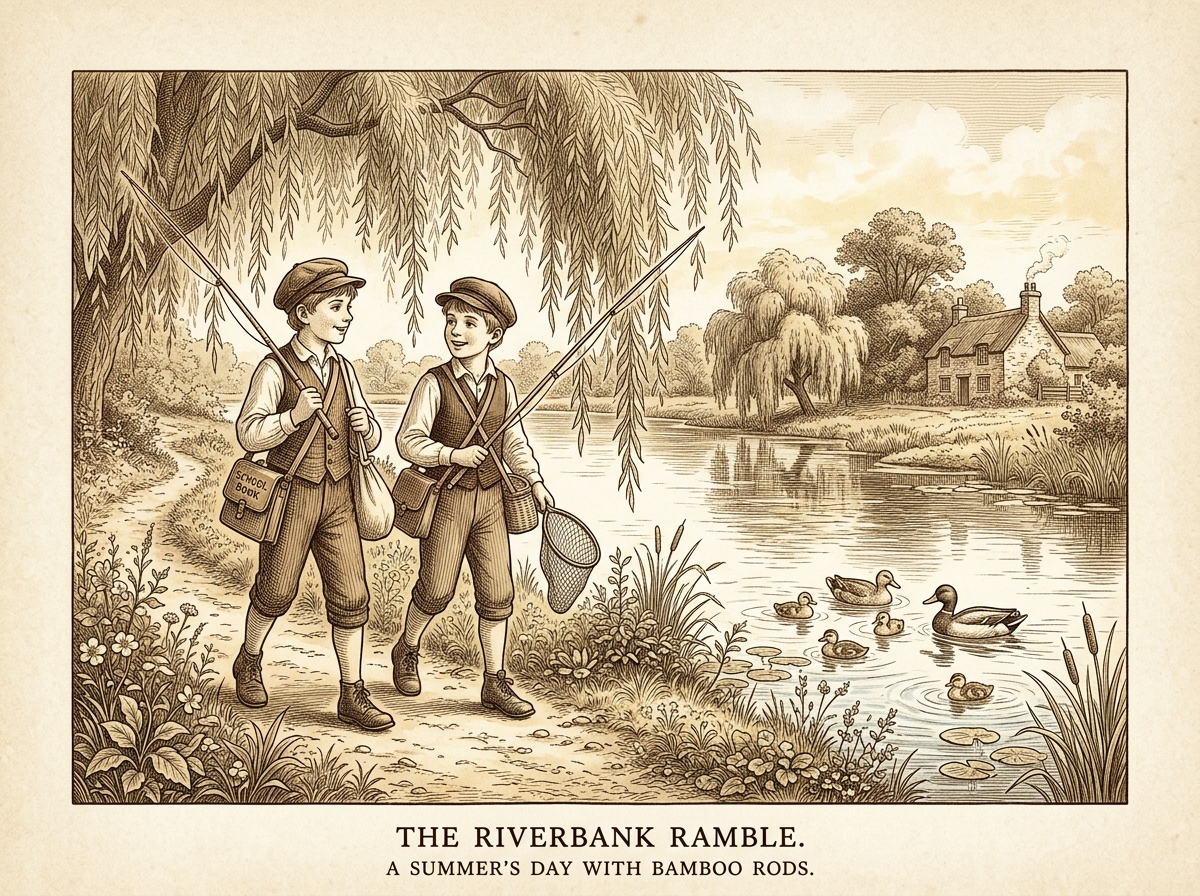 Boys with fishing poles walking to river