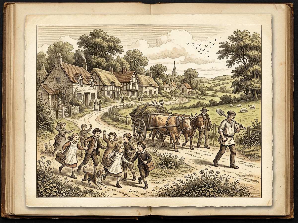 Village road with children oxen and workers