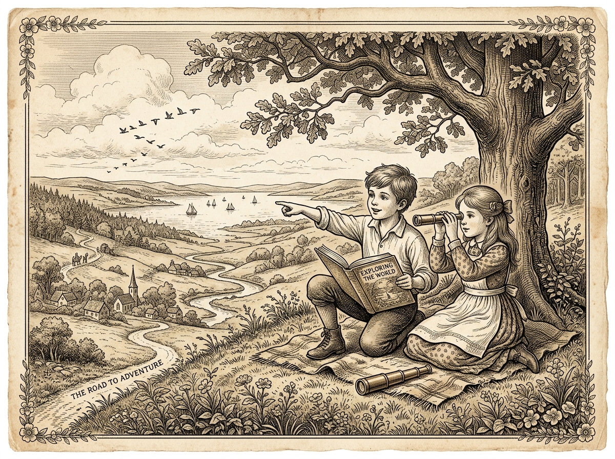 Children observing valley and exploring world