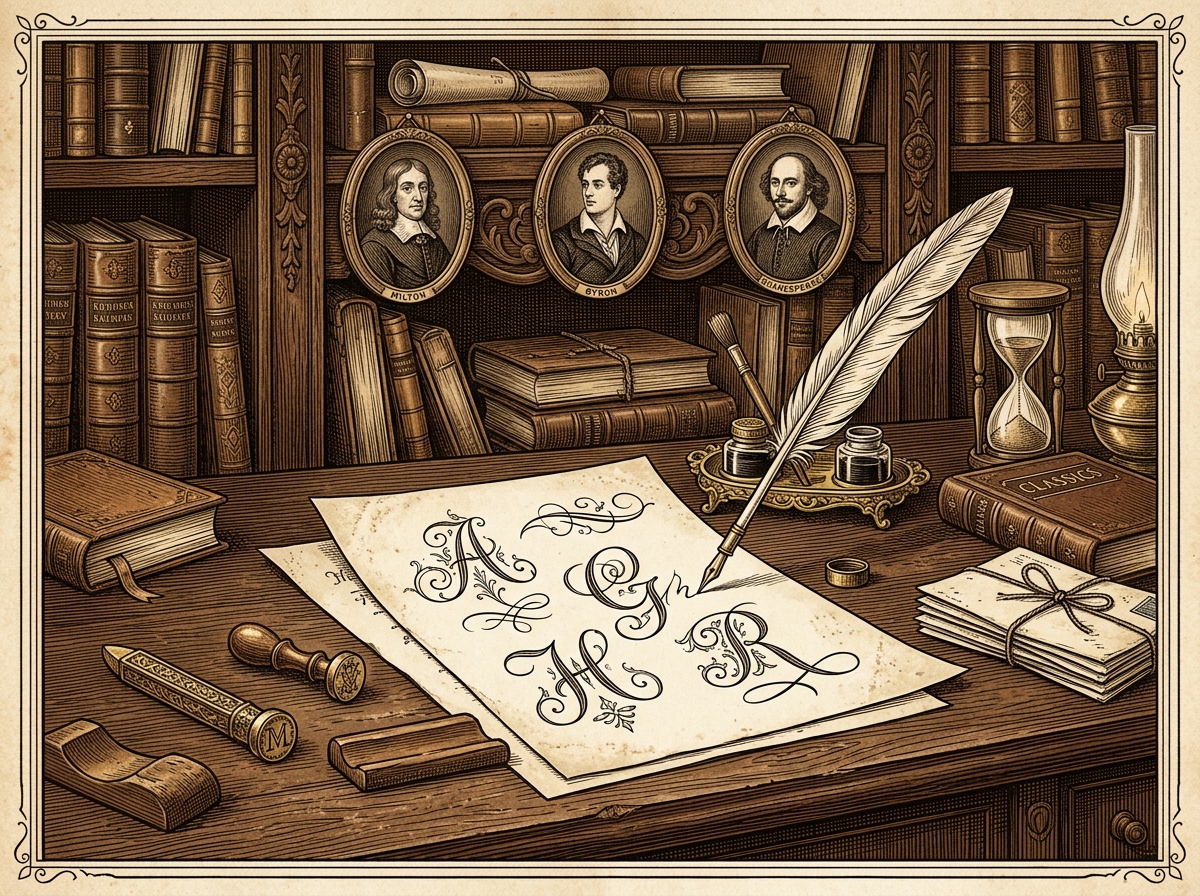 Scholar desk with calligraphy initials and quill pen