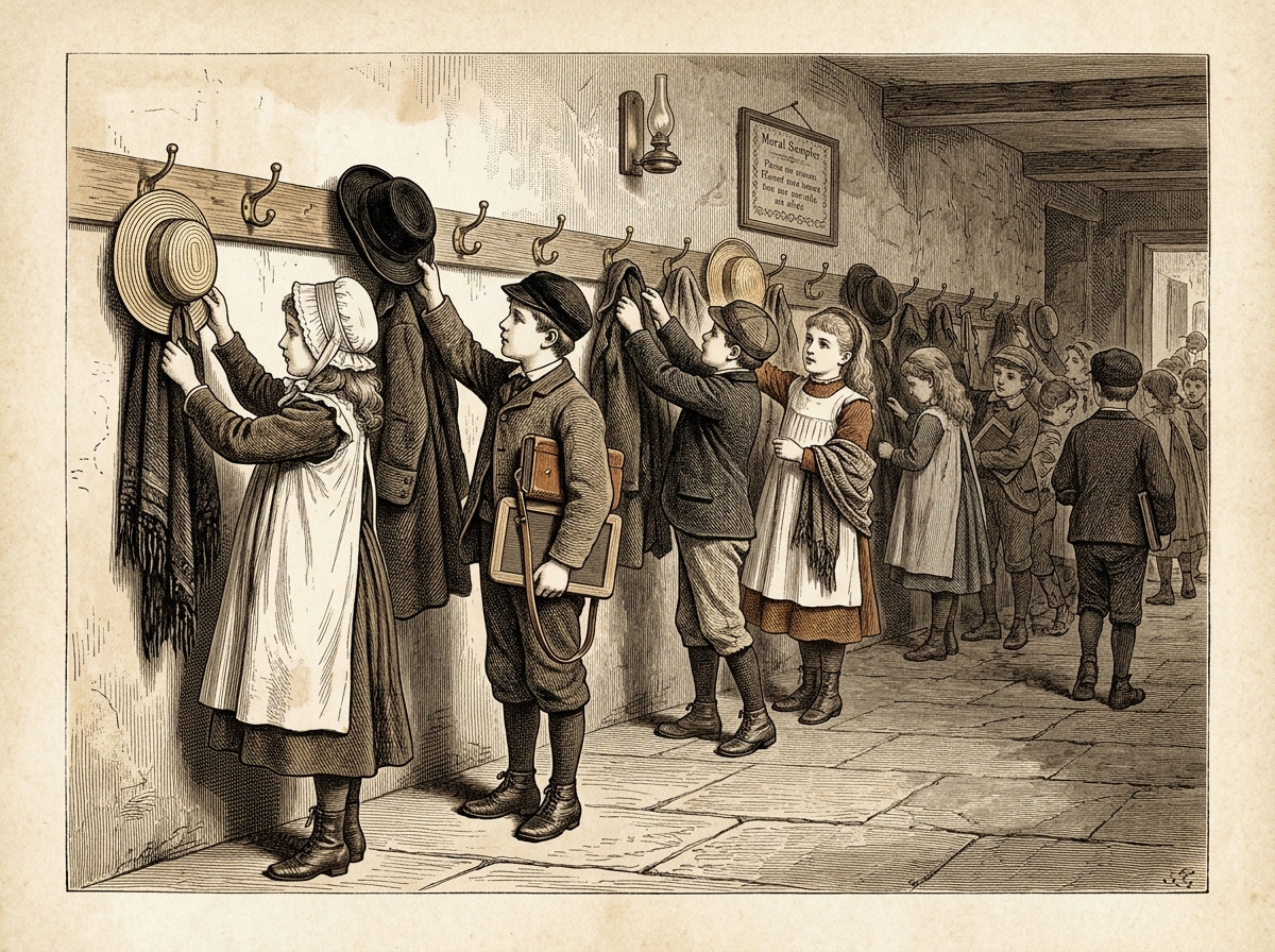 Children hanging their coats and hats in school hallway