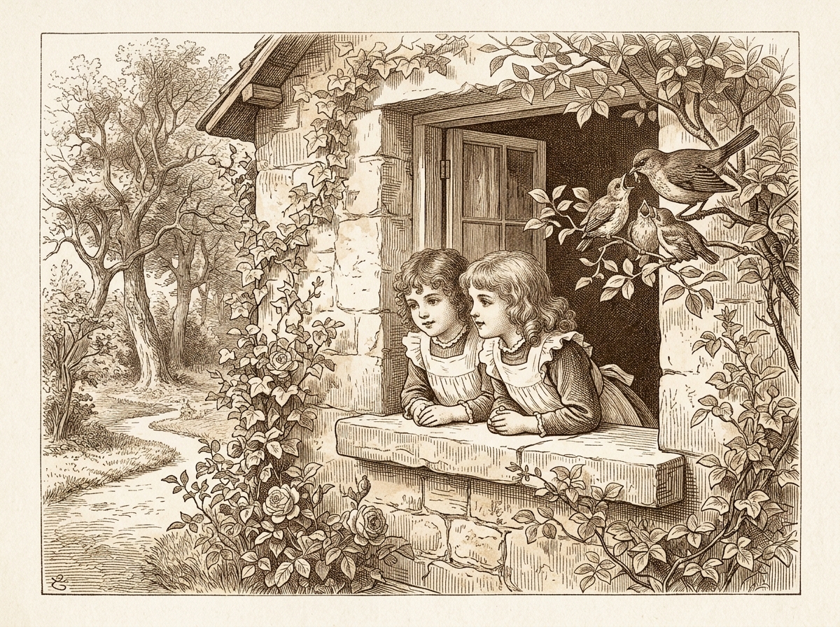 Two girls at cottage window watching mother bird feed young