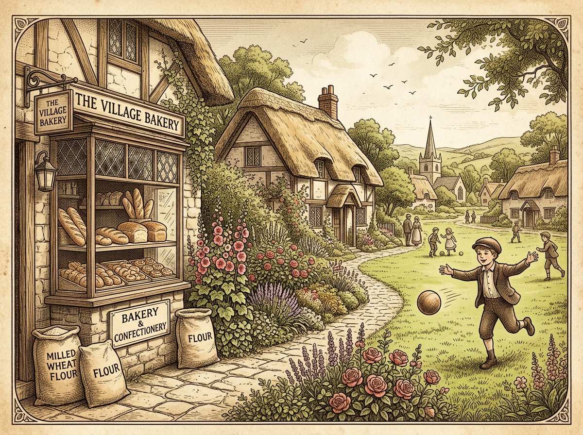 Village bakery with flour, rose flower garden, and boy throwing ball