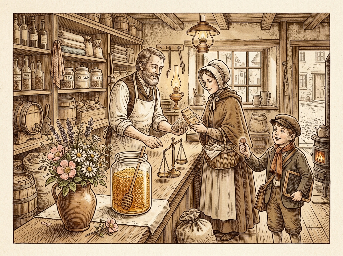 Village store with honey cells merchant and cent coin