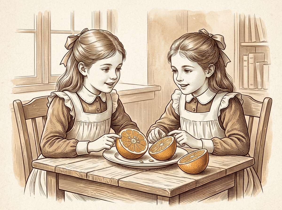 Ida and Clara discussing the parts of an orange