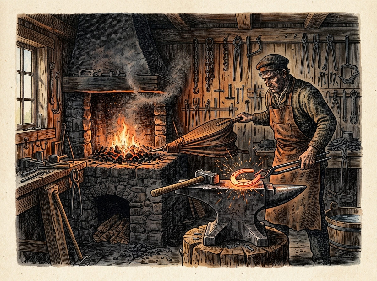 Blacksmith Working Glowing Iron on Anvil