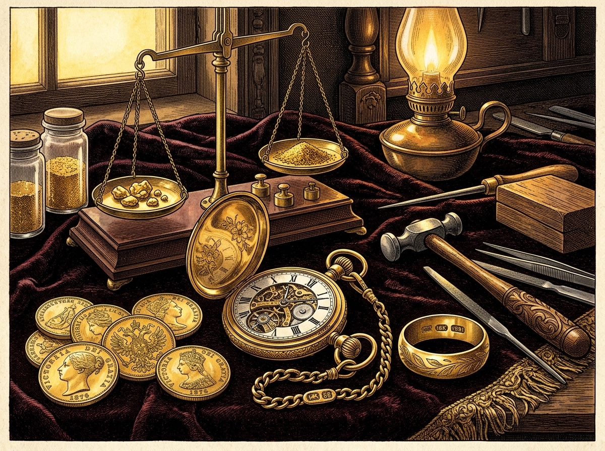 Goldsmith Scale, Gold Nuggets, and Crafted Watch