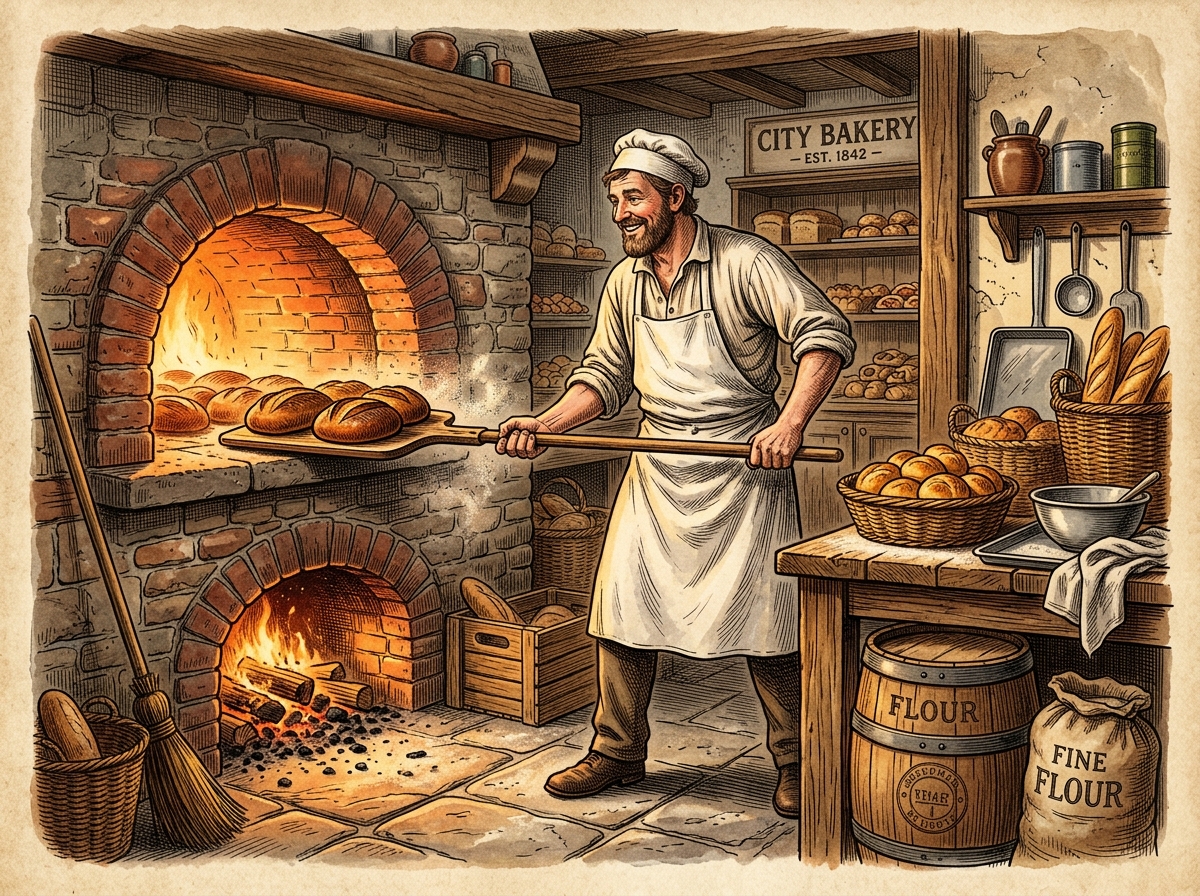 Baker Pulling Fresh Bread from Brick Oven