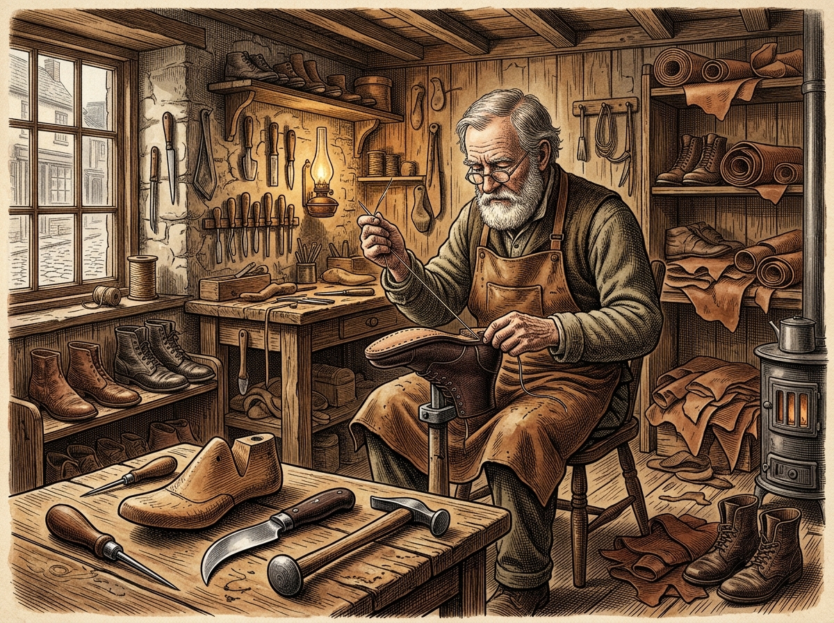 Shoemaker Workshop with Awl, Last, Knife, Hammer