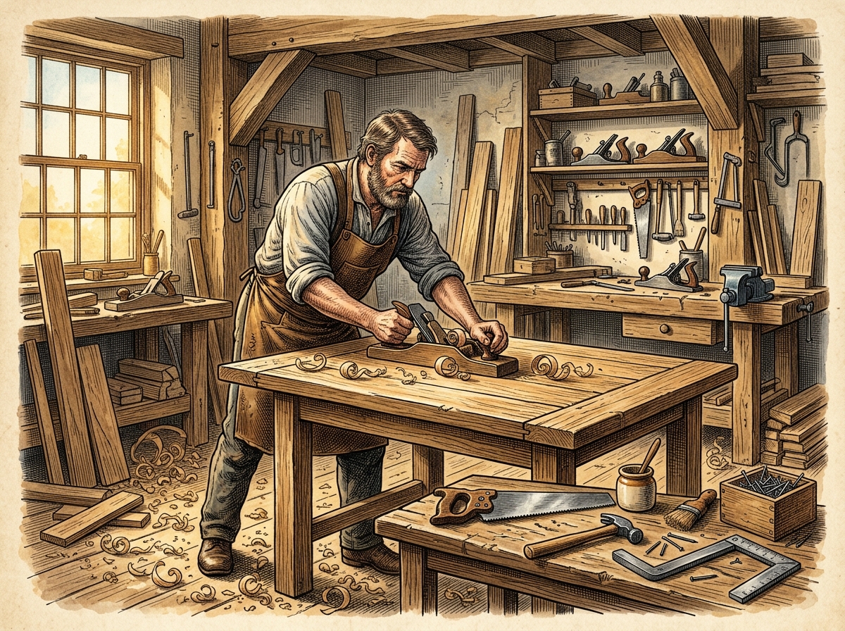 Carpenter Planing Oak Boards for Table