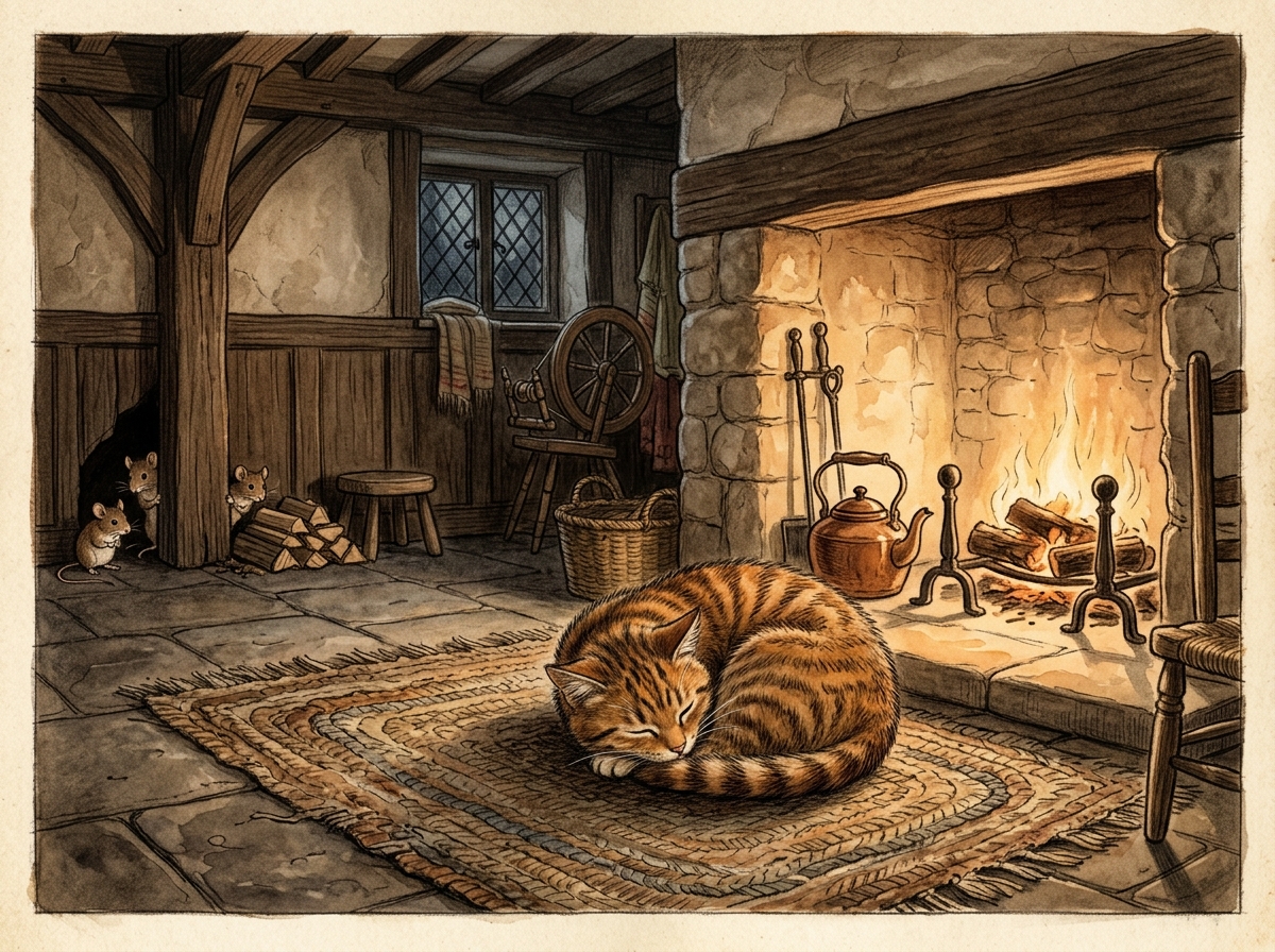 Cunning Cat Curled by the Hearth