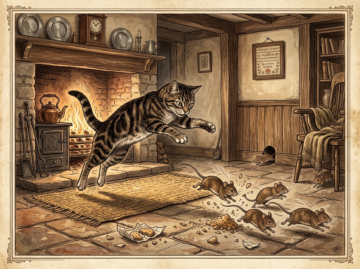 Cat Leaping at Mice by Fireplace