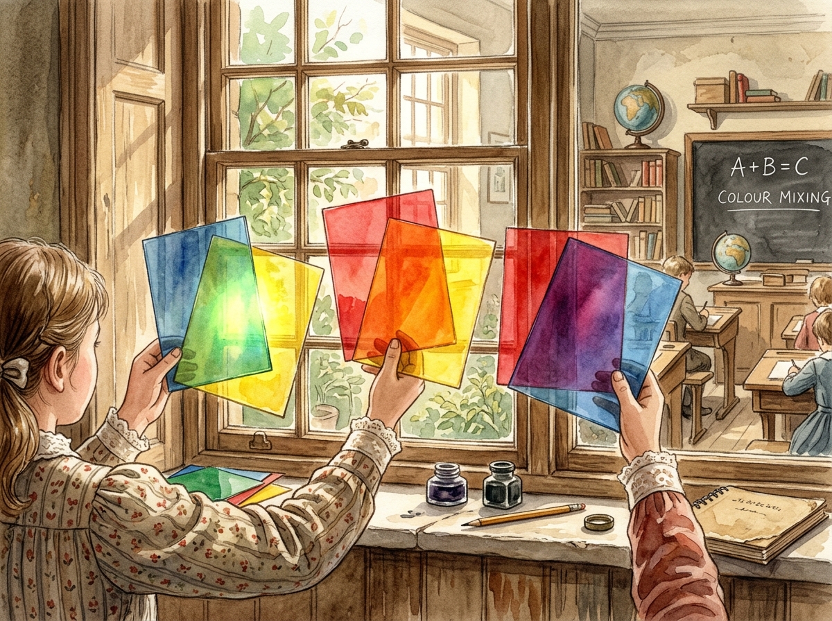 Children Holding Overlapping Colored Papers to Sunlight