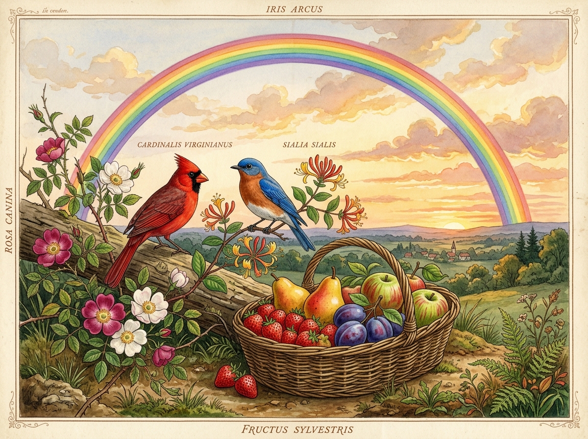 Rainbow over Countryside with Birds, Fruits, and Sunset
