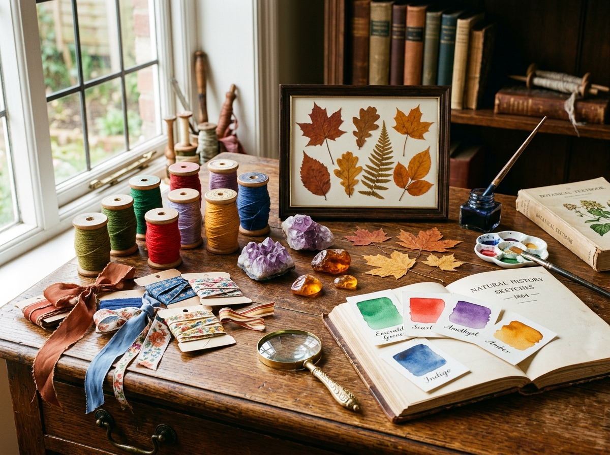 Collection of Silk Ribbons, Worsted Yarns, Minerals and Autumn Leaves