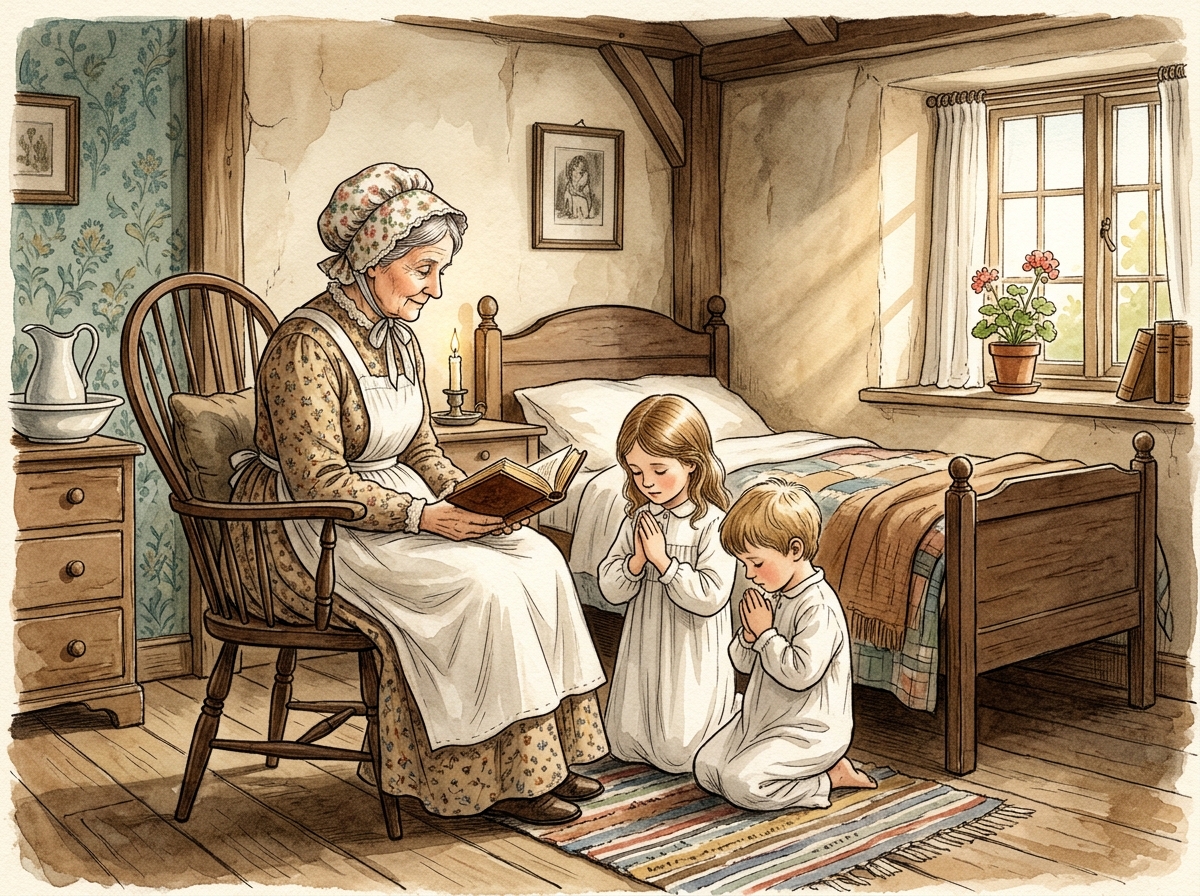 Children Kneeling in Morning Prayer beside Grandmother