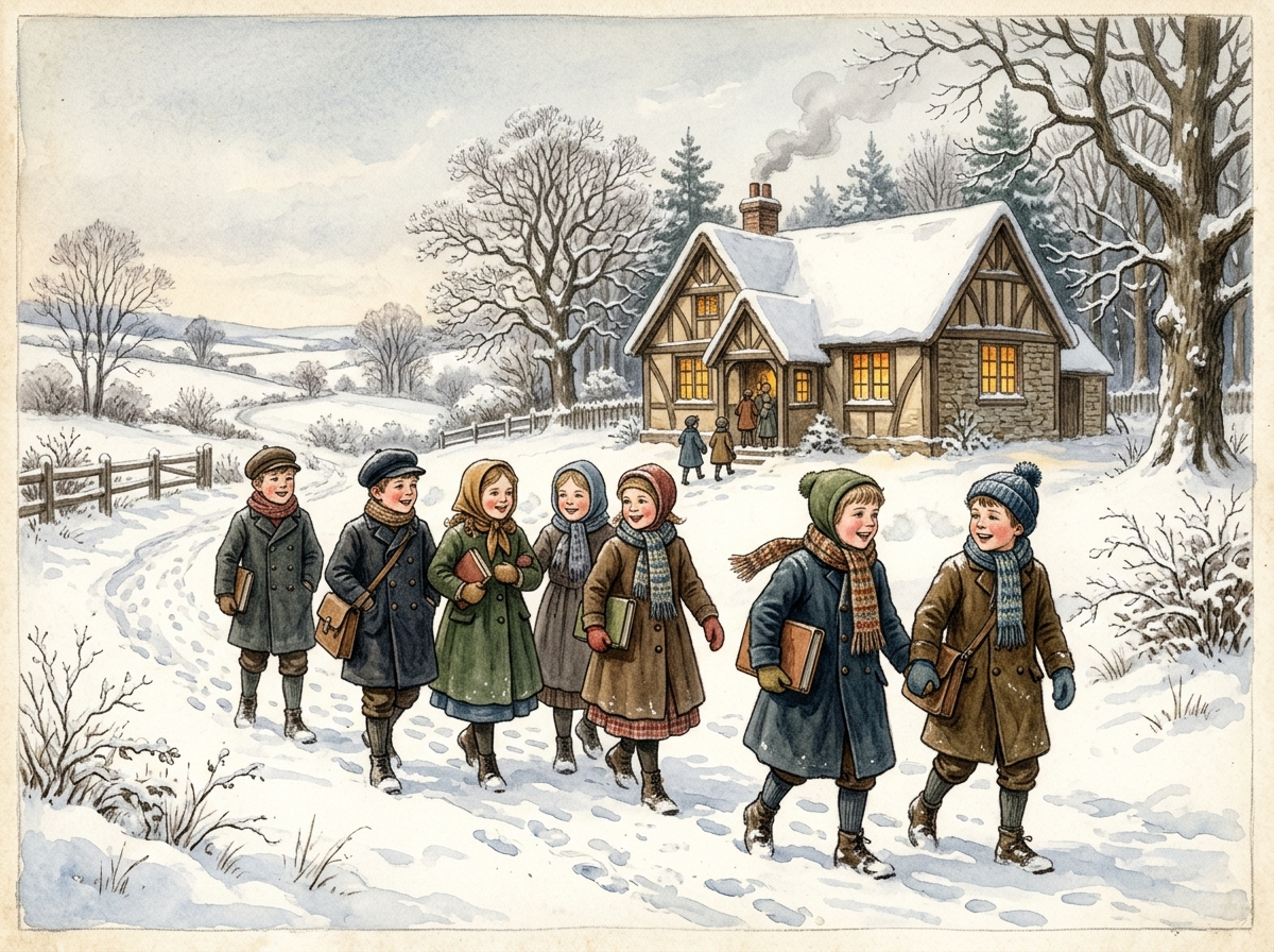 Children bundled up walking in snow to schoolhouse