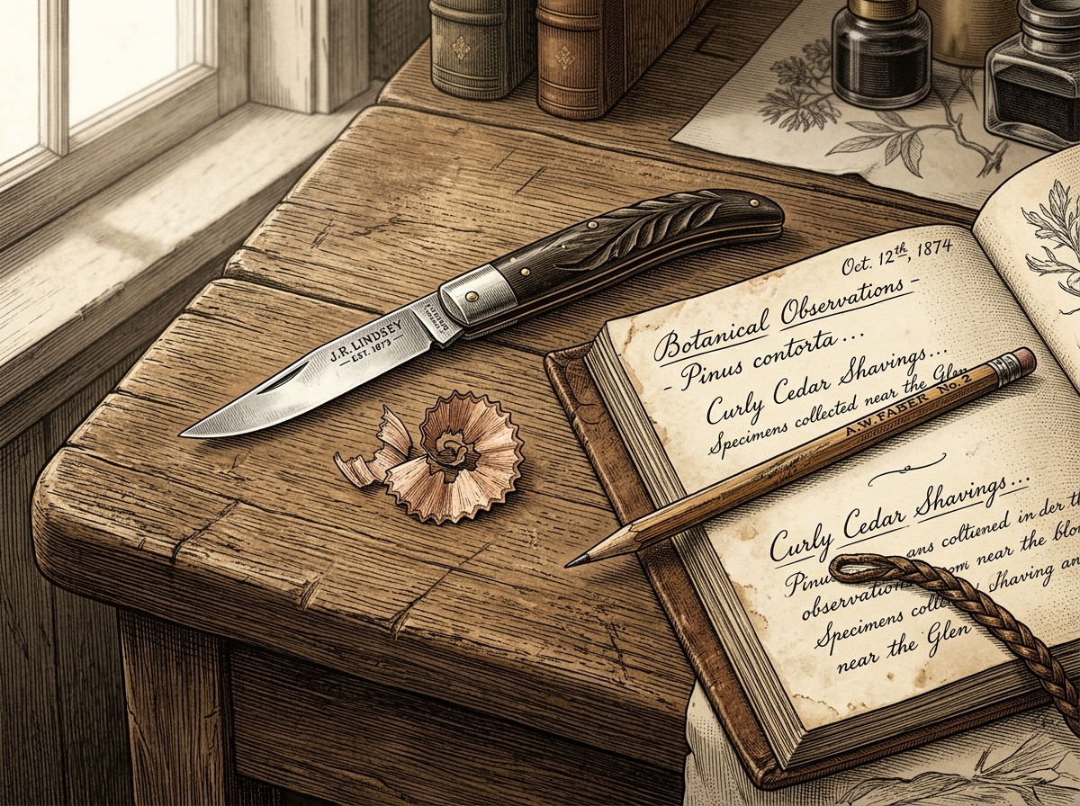 Antique folding penknife on wooden desk beside pencil shavings