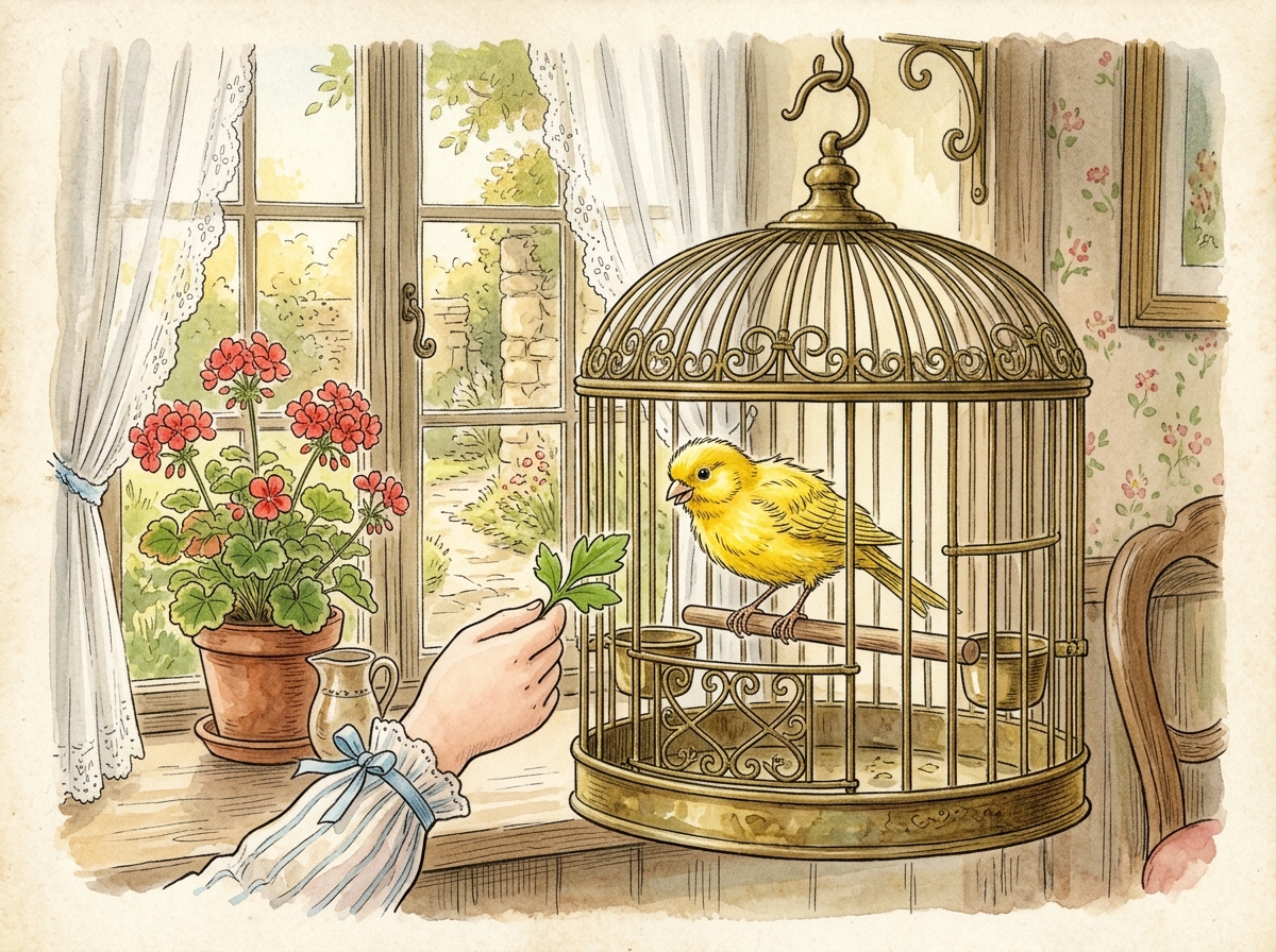 Pet canary in brass cage by cottage window