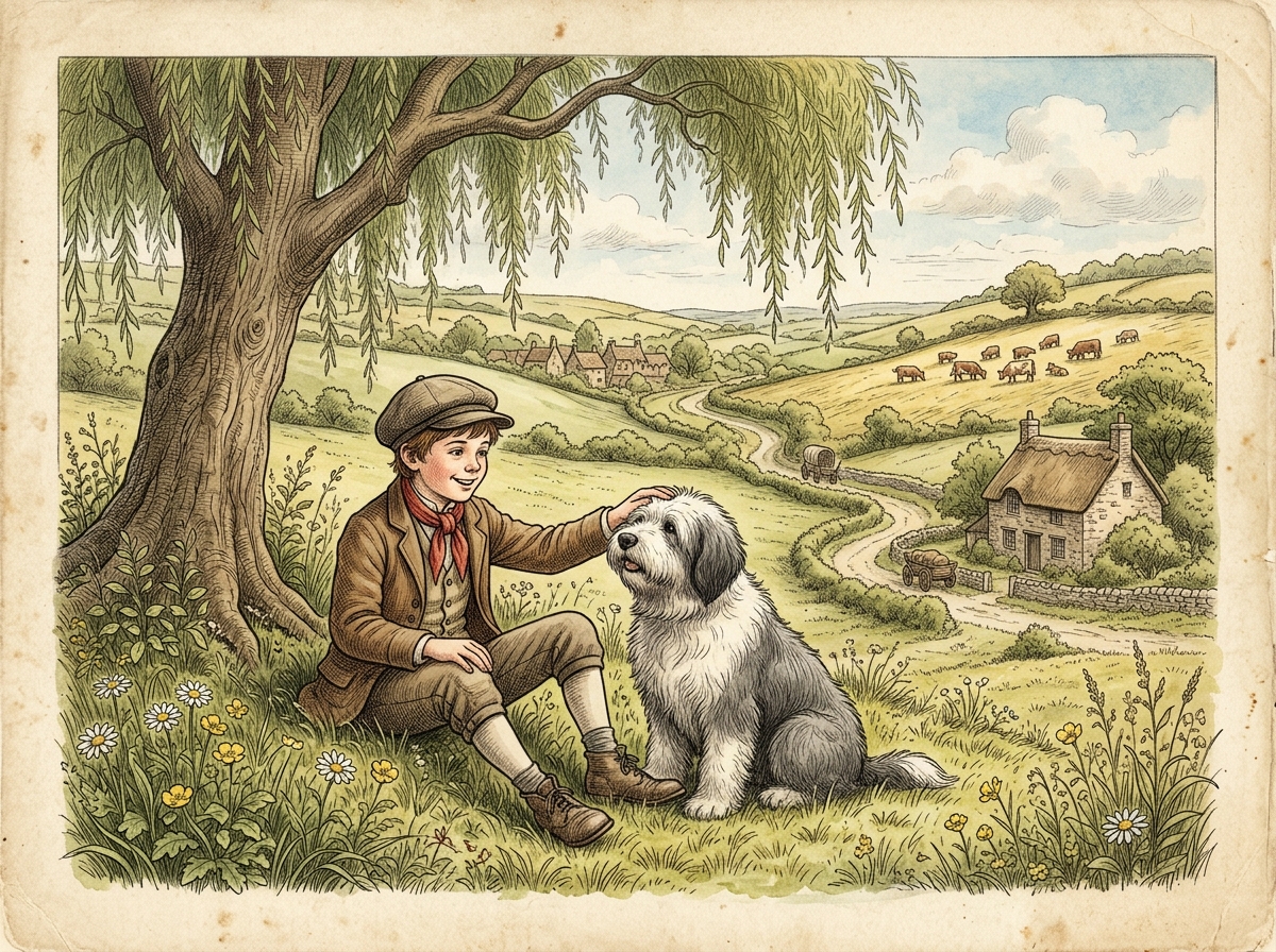 Country boy resting in pasture with his loyal sheepdog