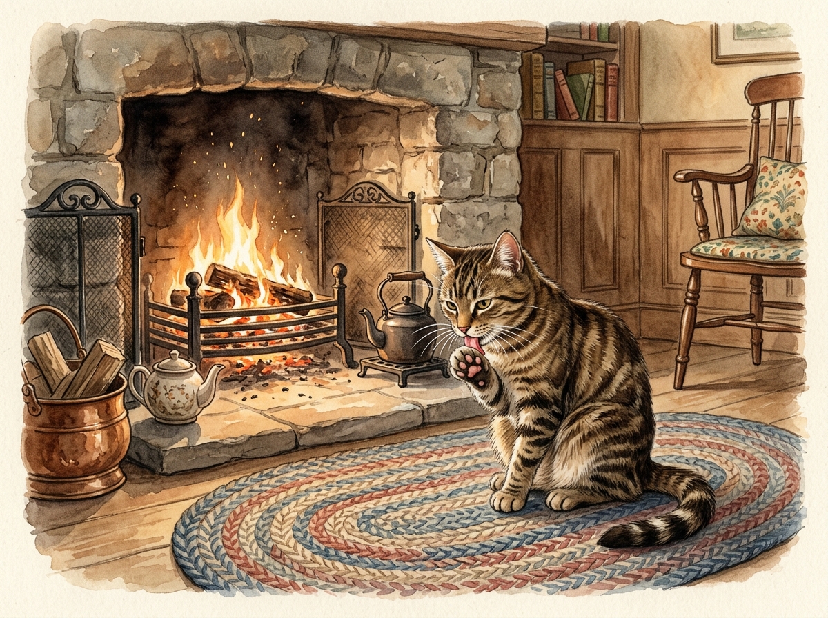 Domestic cat washing paw by warm stone hearth fire
