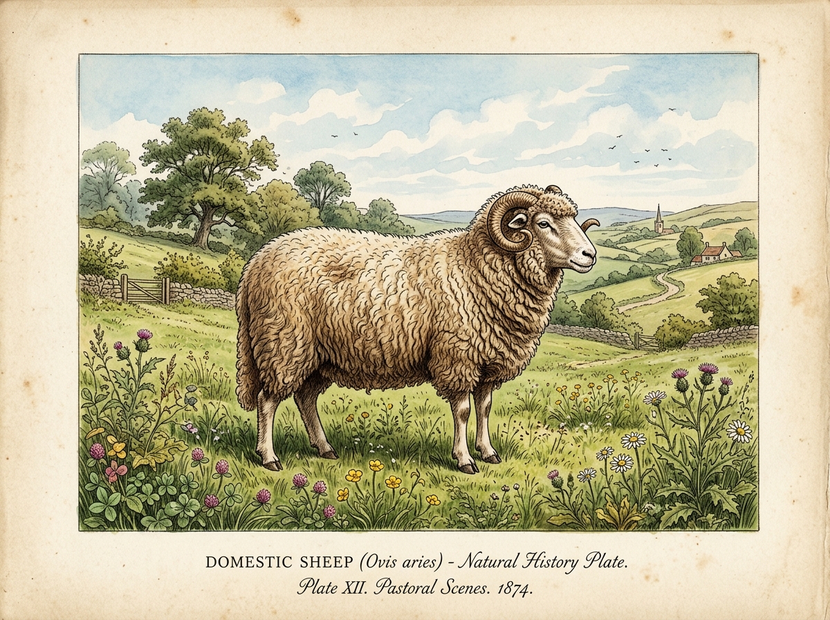Domestic sheep standing in green meadow pasture