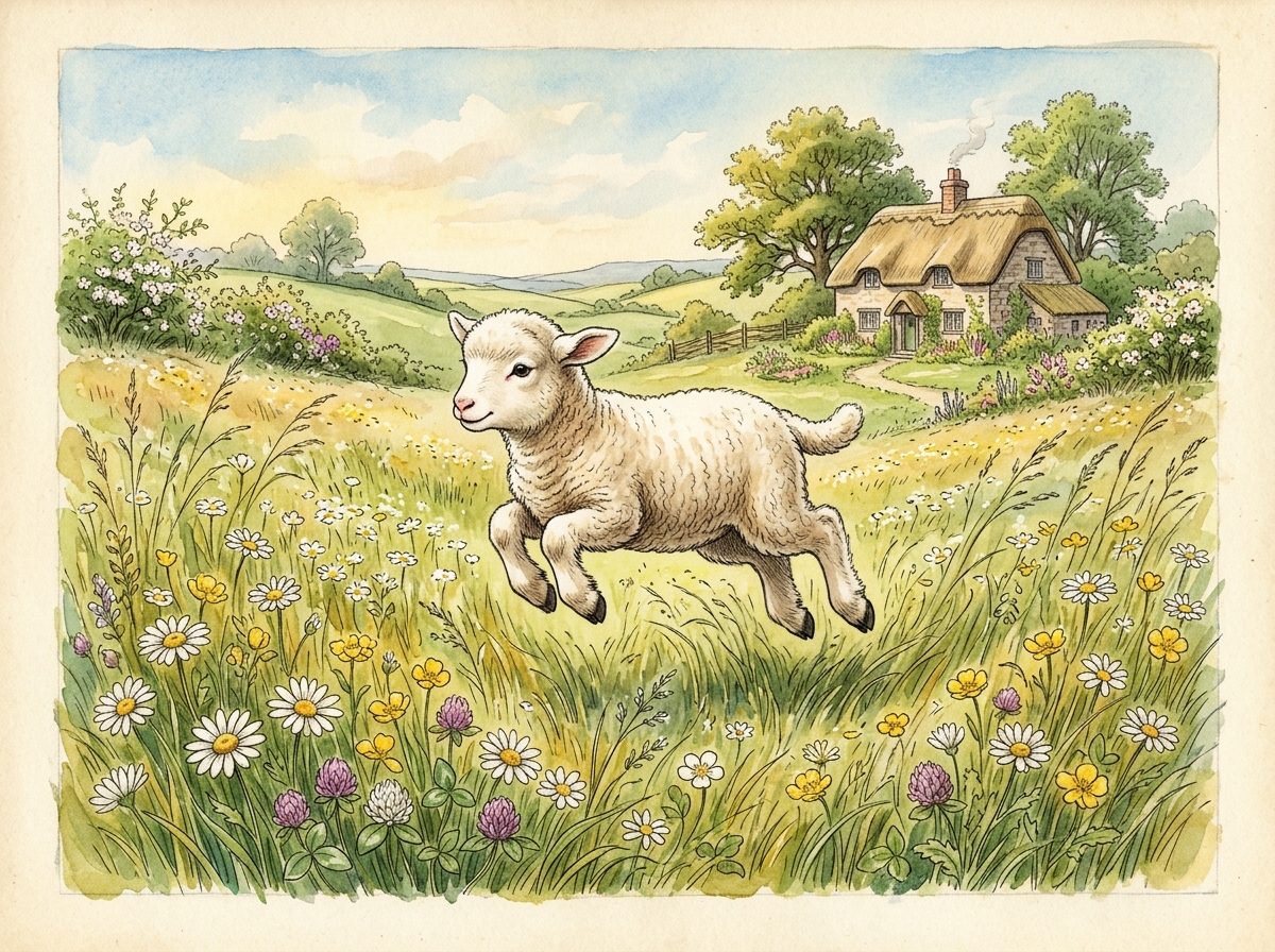 Little woolly lamb skipping joyously in flower-filled meadow