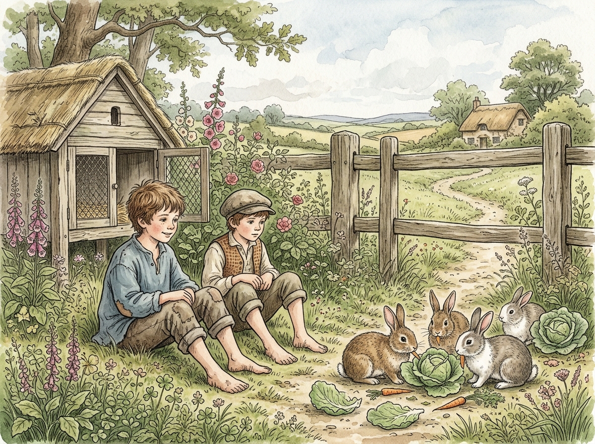 Two Country Boys Caring for Rabbits