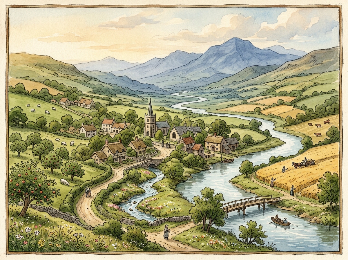 Countryside Village, River and Hills