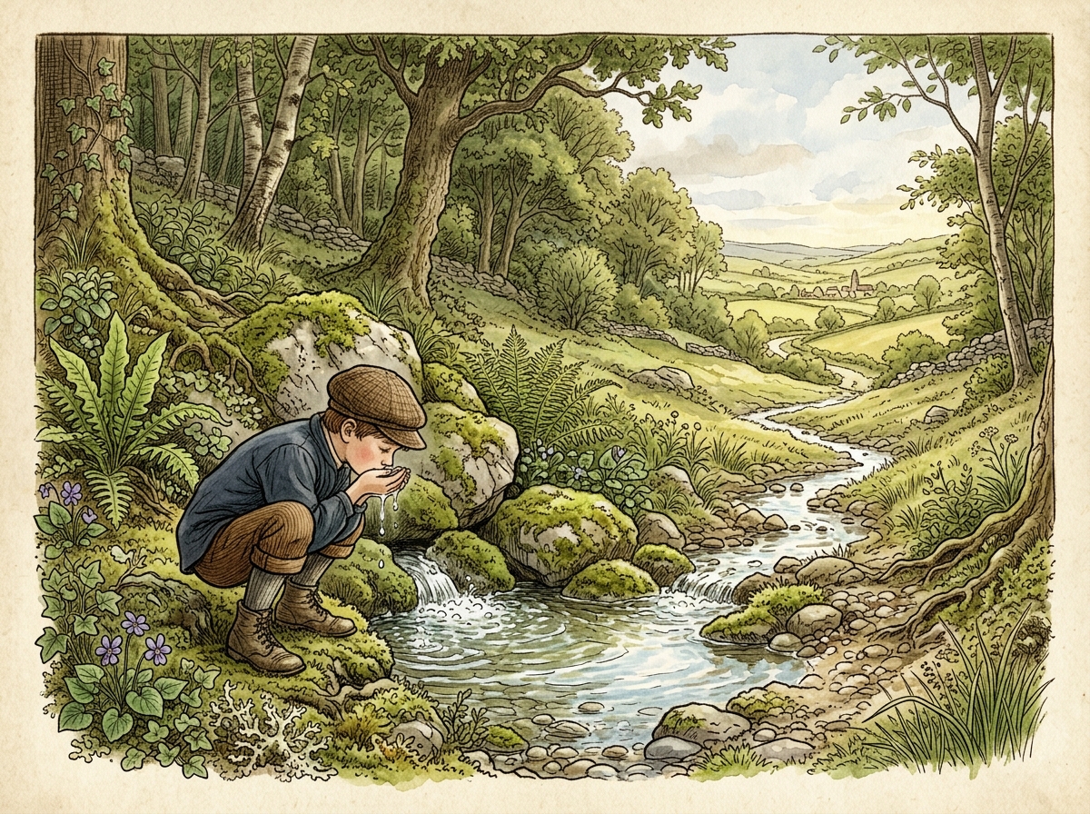 A Boy Drinking from a Mountain Spring