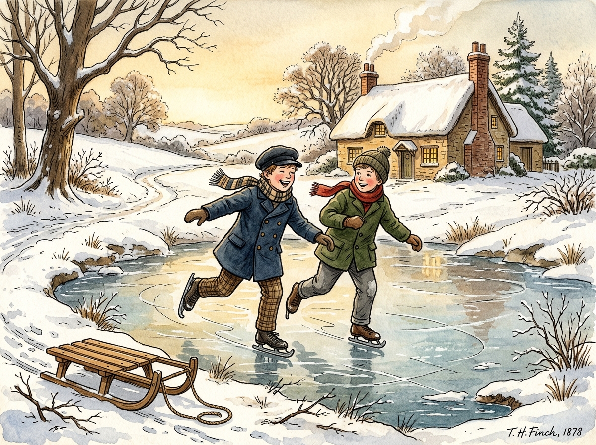 Boys Skating on Frozen Pond with Sled