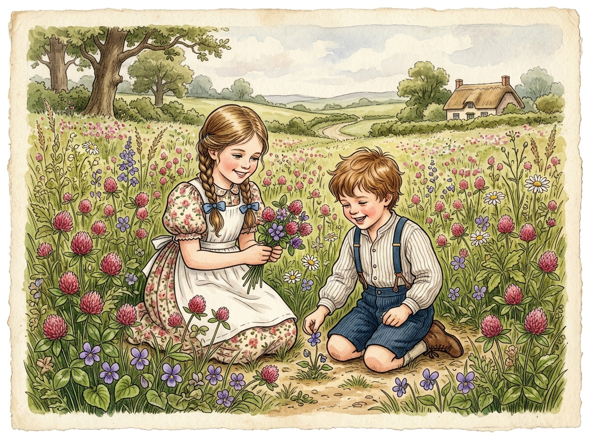 Children in Summer Meadow of Clover and Violets